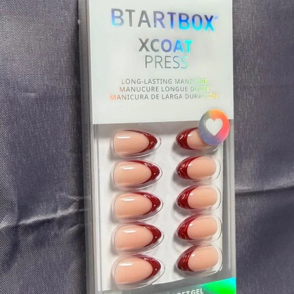 BTArtbox Press On Nails Lucky Stripe Short Almond Red French Tip 32Ct NEW